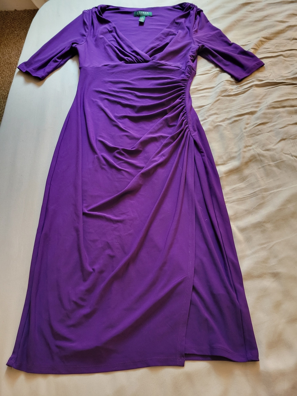 Lauren Ralph Lauren Purple Ruched V-Neck Midi Dress
